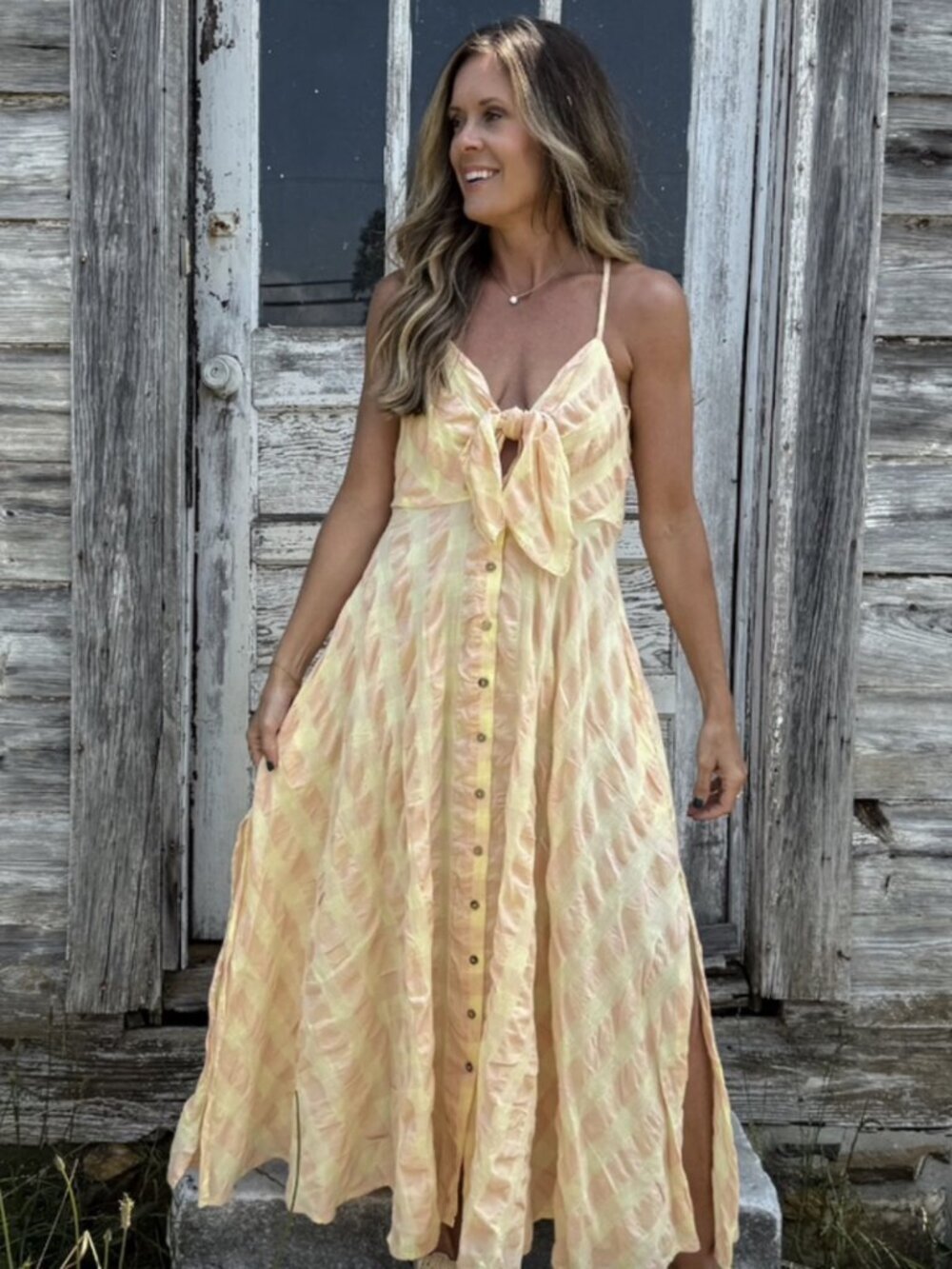 FREE PEOPLE Via Gingham Cotton Seersucker Sundress Creamsicle Combo Eve X-Small